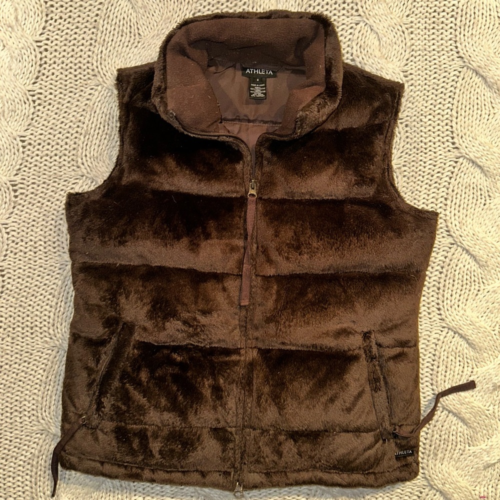Athleta‎ Goose Down Faux Fur Puffer Vest in a deep chocolate brown color